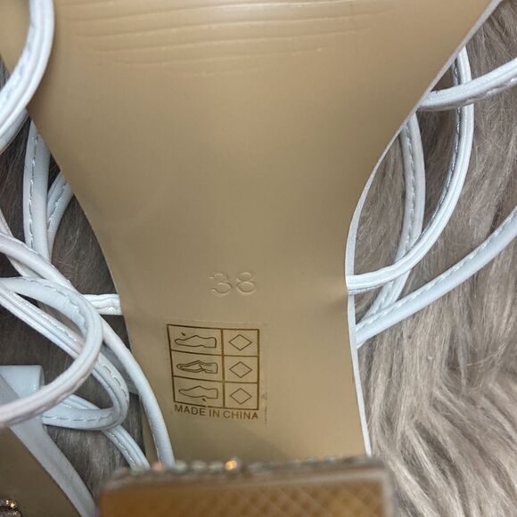 Rhinestones Block Heel Lace Up Ankle Wrap Sandals - Picture 10 of 16